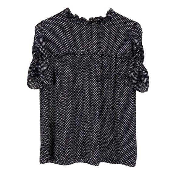 Who What Wear Black Ruffle Polka Dot Short Sleeved Blouse - Picture 2 of 6